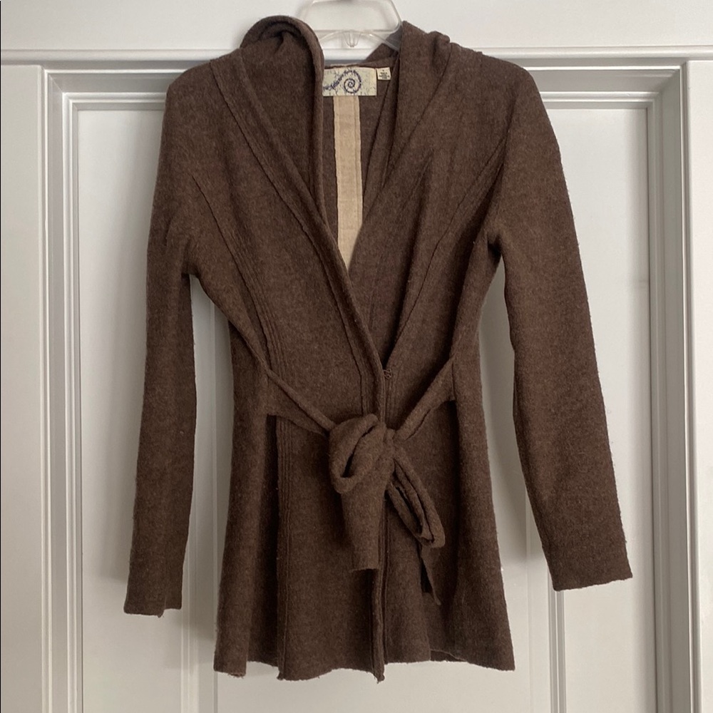 Elegant 100% Wool Brown Hooded Cardigan with Tie Belt